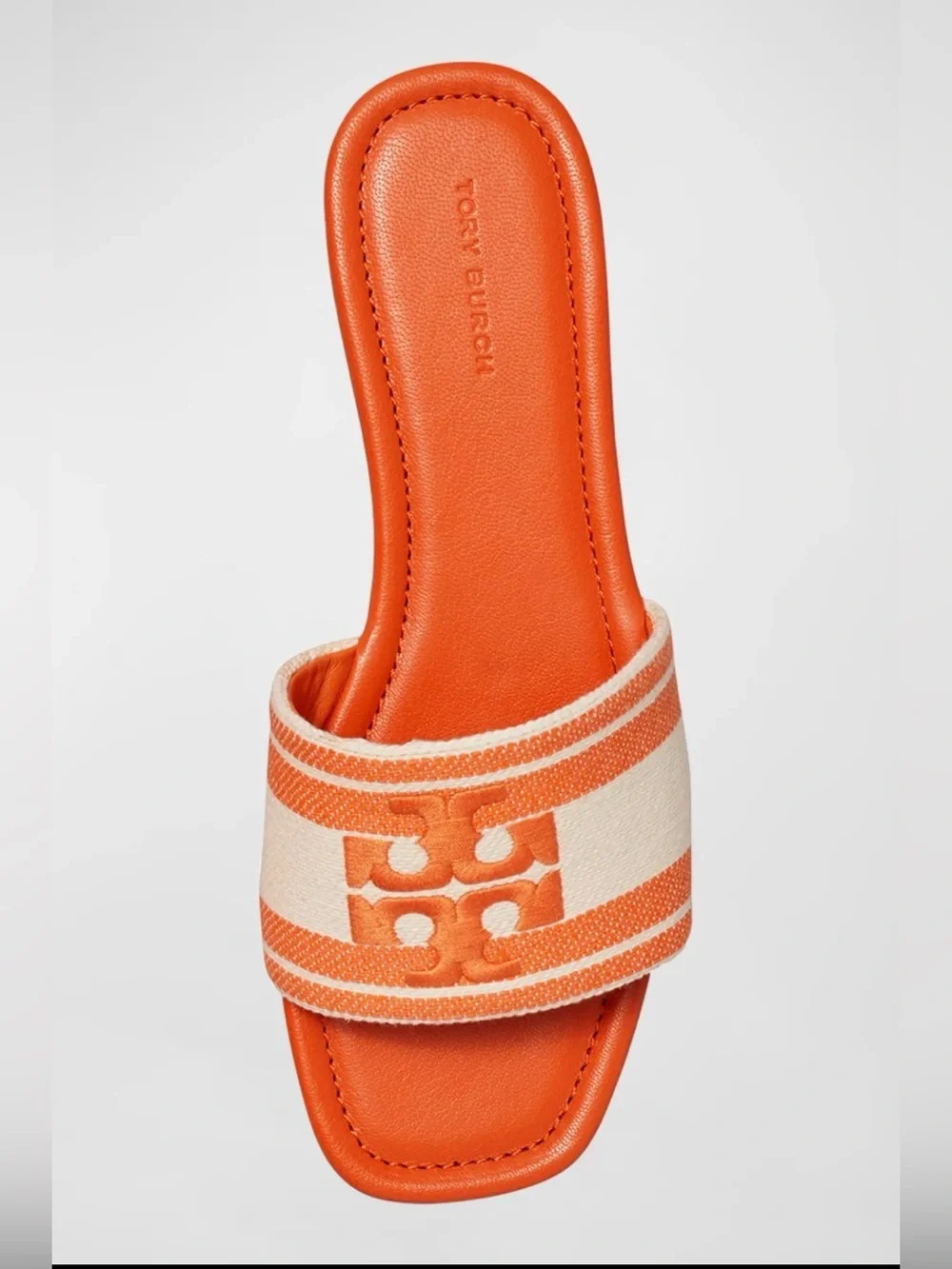 Tory Burch Orange & Cream Double T Jacquard Striped Logo Slide Sandals